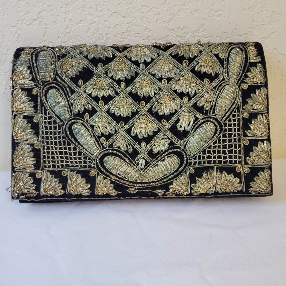 Vintage Zardozi Bullion Embroidery Velvet Clutch Bag Black Gold Silver India